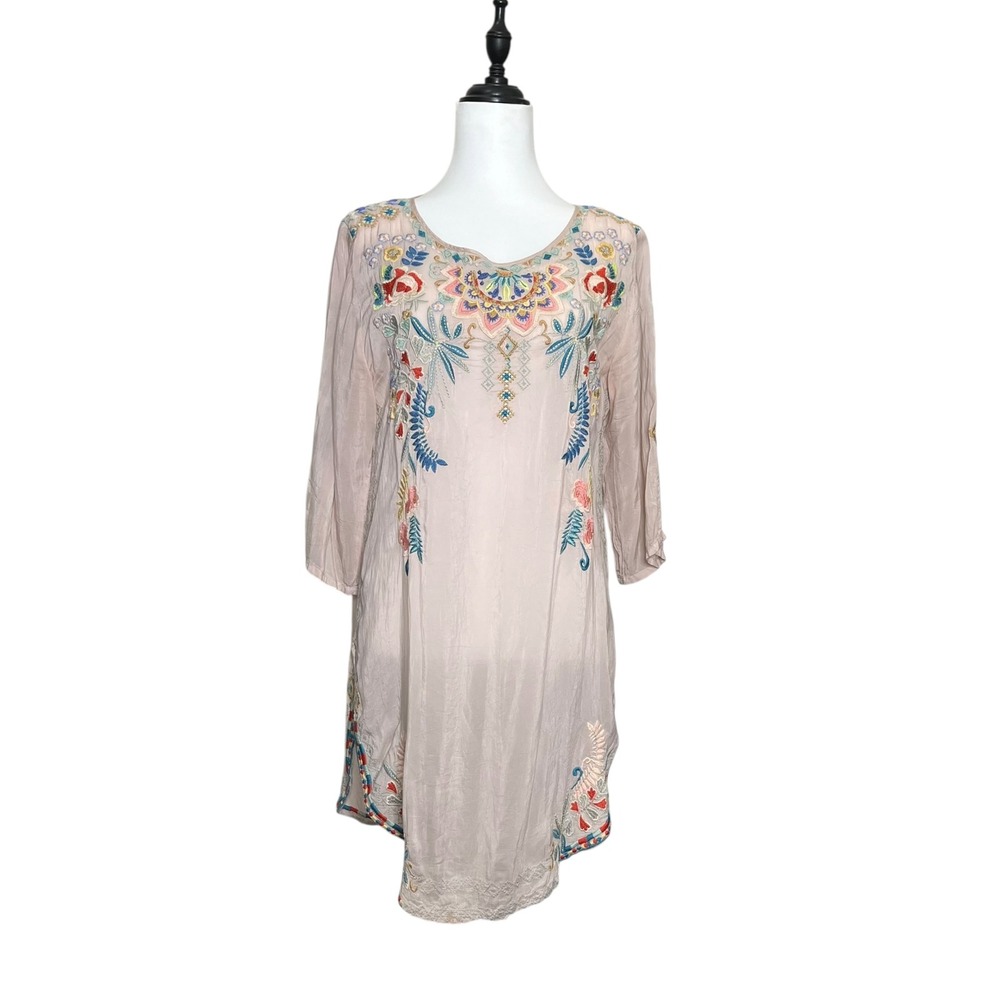 Johnny Was Embroidered Tunic Size M Sheer Floral Boho Long Sleeve Resort Coverup